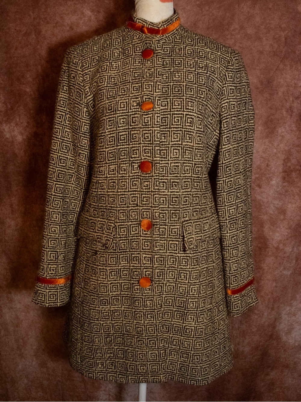 SIZE 6 Andrea Becker Vintage 60s Style Greek Key Wool Coat
